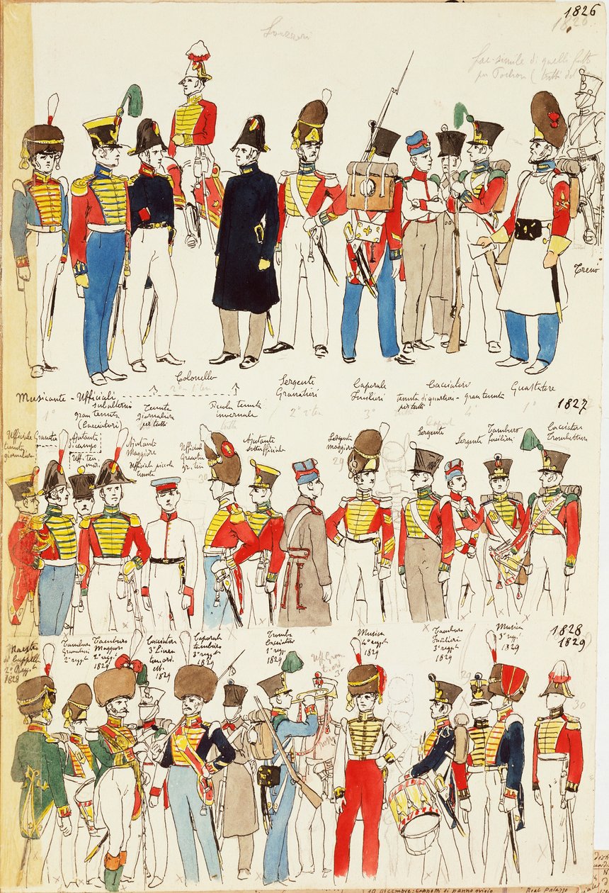 Vários uniformes, datados de 1826 a 1829. Placa colorida por Cenni Quinto de Quinto Cenni