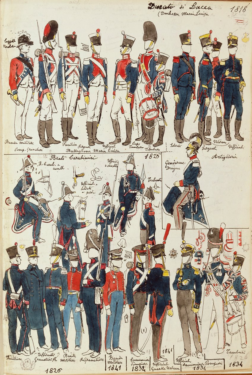Vários uniformes do Ducado de Lucca de Quinto Cenni, placa de cor de Quinto Cenni
