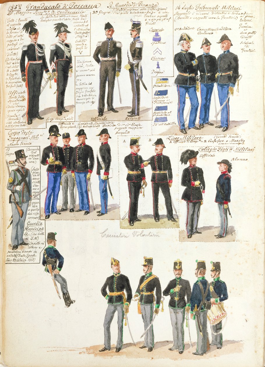 Vários uniformes do Grão-Ducado da Toscana por Quinto Cenni, placa de cor de Quinto Cenni