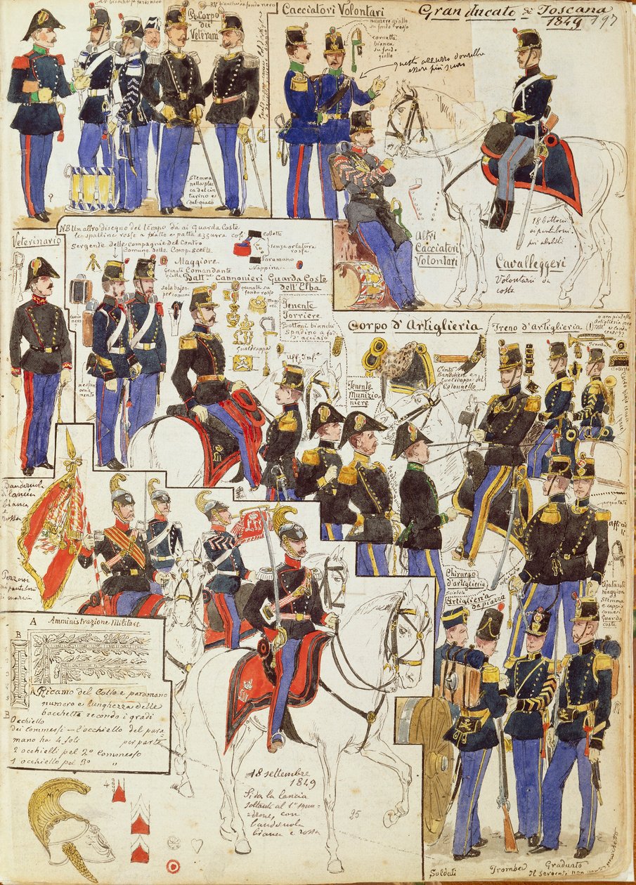 Vários uniformes do Grão-Ducado da Toscana por Quinto Cenni, placa de cor de Quinto Cenni