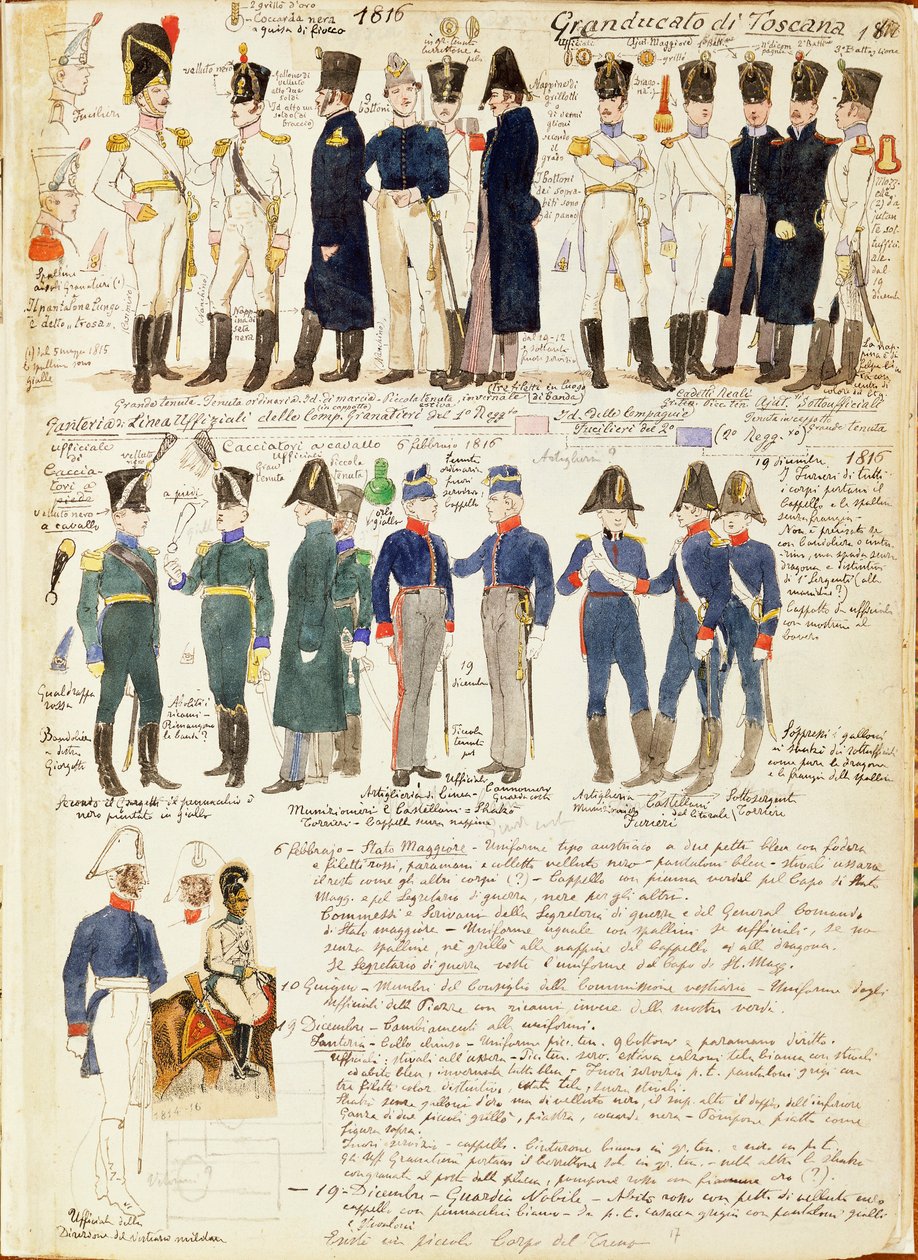 Vários uniformes do Grão-Ducado da Toscana por Quinto Cenni, placa de cor de Quinto Cenni