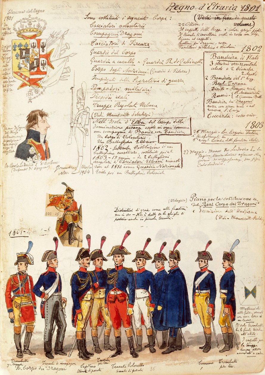 Vários uniformes do Reino da Etrúria, de Quinto Cenni, placa de cor de Quinto Cenni