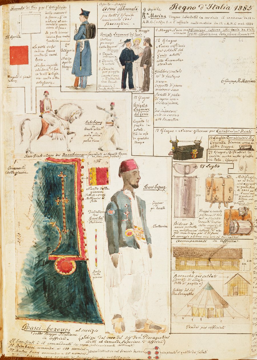 Vários uniformes do Reino de Itália, placa colorida por Quinto Cenni de Quinto Cenni