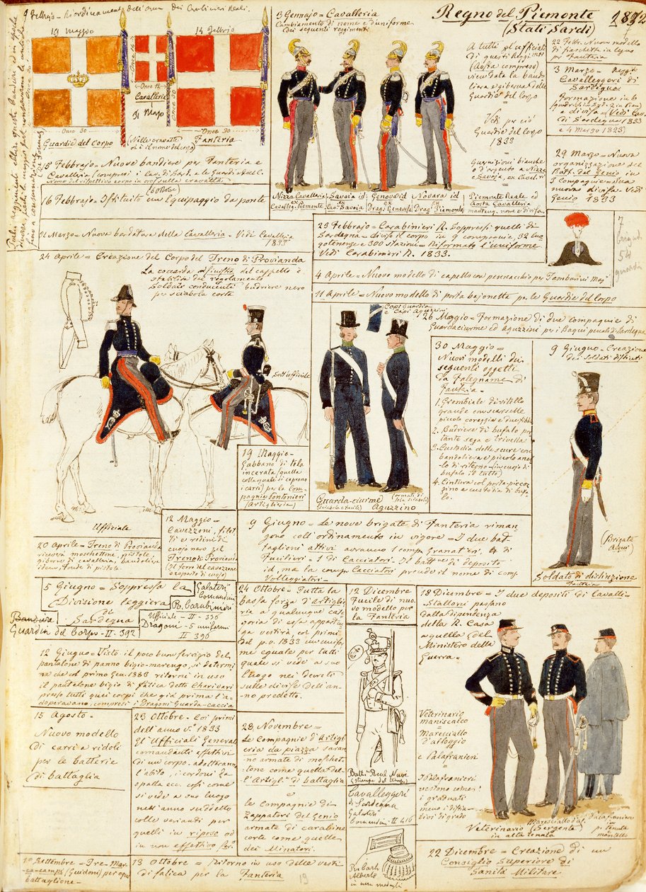 Vários uniformes do Reino da Sardenha, placa colorida por Quinto Cenni de Quinto Cenni