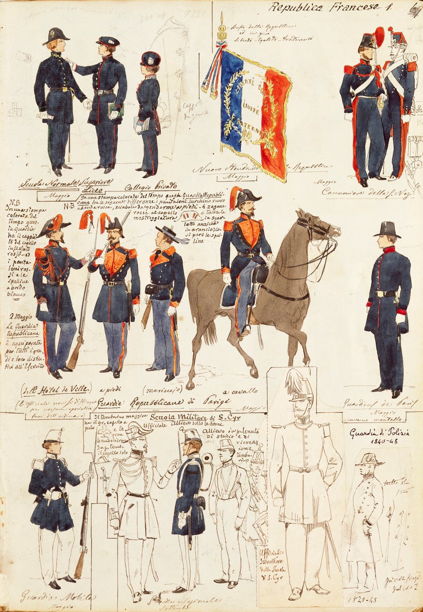 Vários uniformes da República da França, por Quinto Cenni, placa de cor de Quinto Cenni