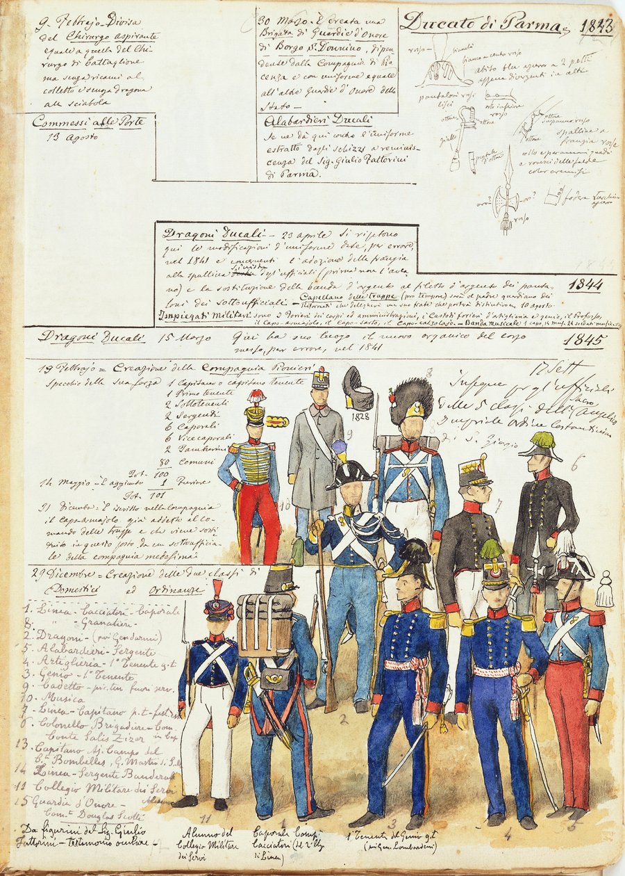 Vários uniformes do Ducado de Parma de 1845. Placa colorida por Cenni Quinto de Quinto Cenni
