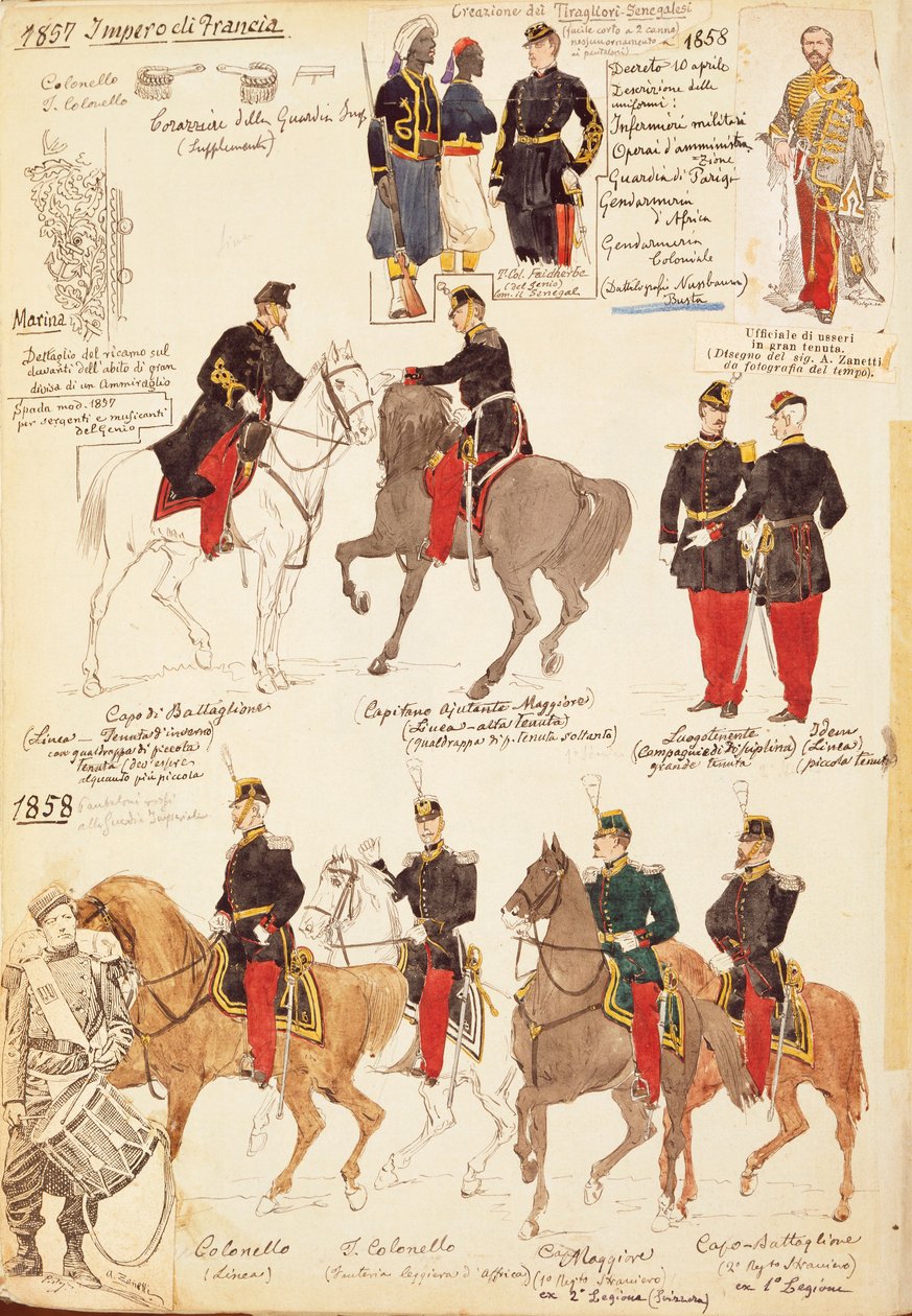 Vários uniformes do Reino de França, por Quinto Cenni, placa de cor de Quinto Cenni