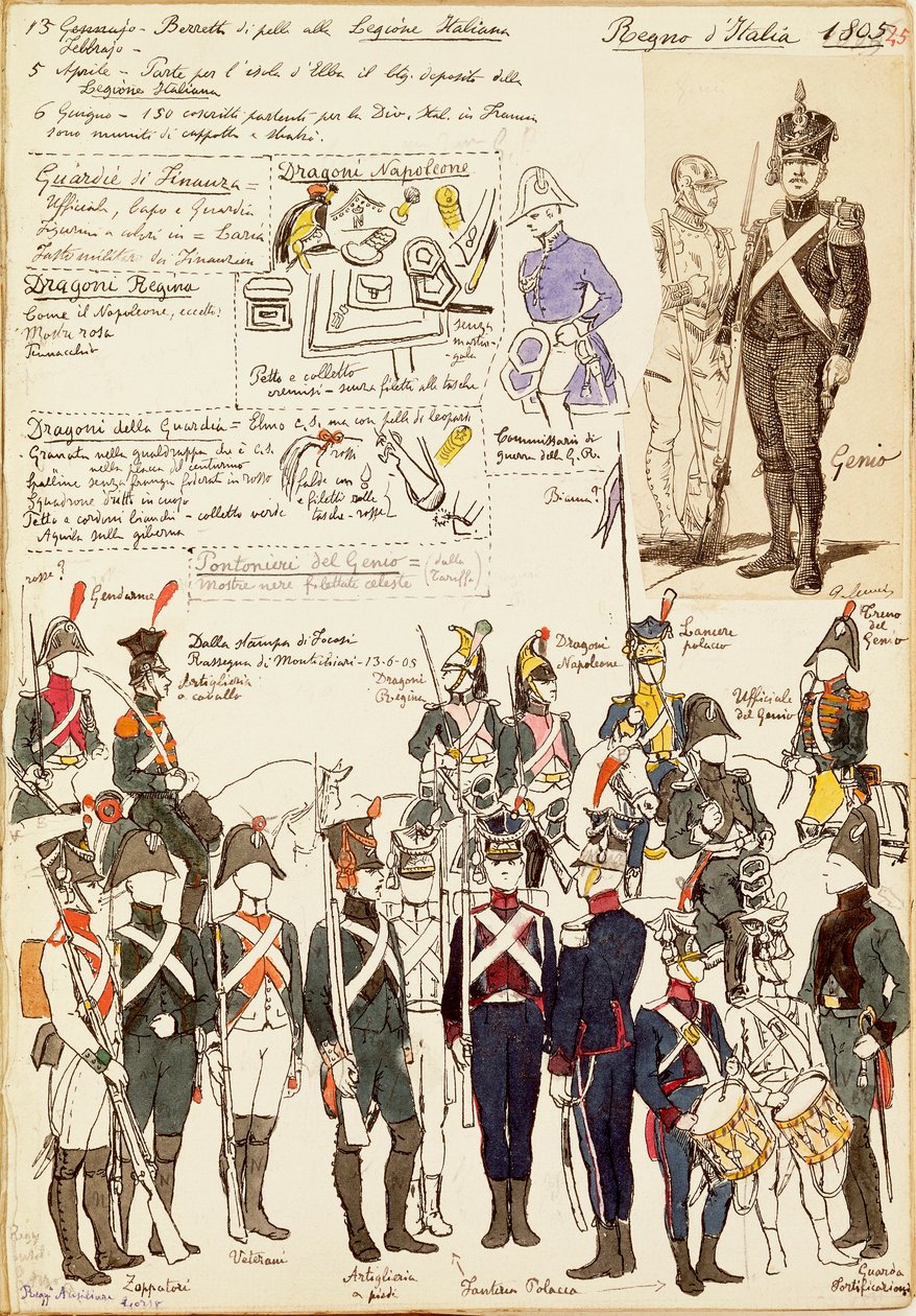 Vários uniformes do Reino da Itália de 1805. Placa colorida por Cenni Quinto de Quinto Cenni