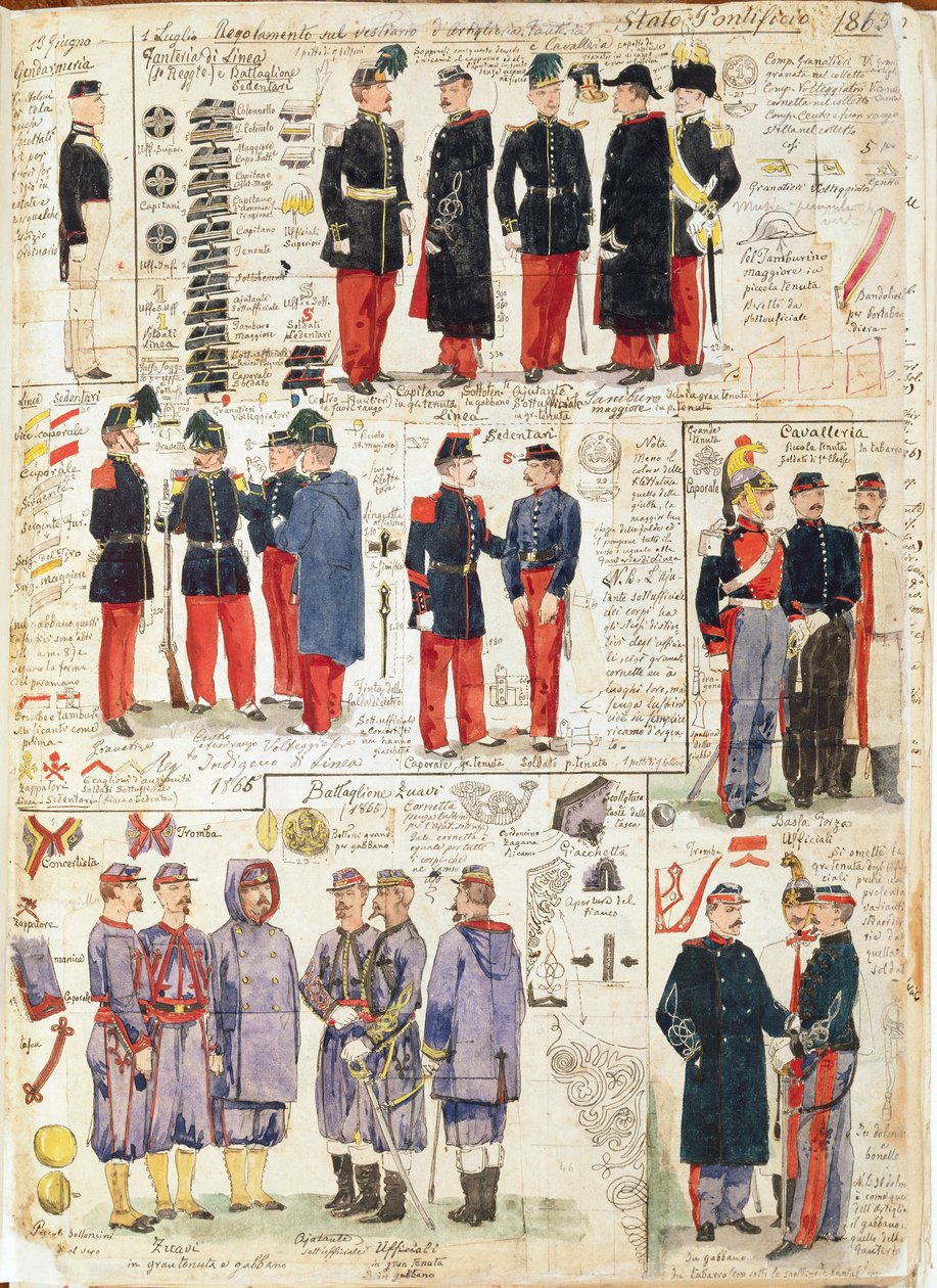 Vários uniformes dos Estados Pontifícios de 1865. Placa colorida por Cenni Quinto de Quinto Cenni
