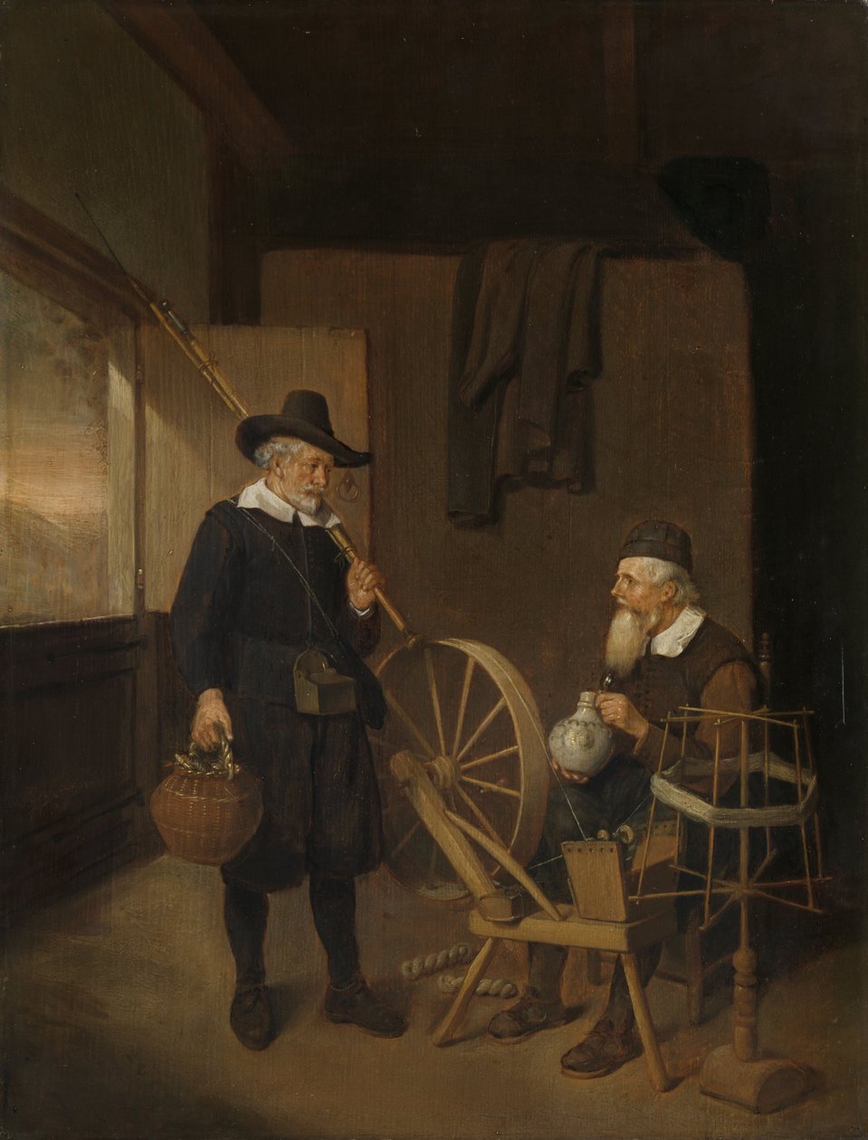 Interior, com, pescador, e, homem, atrás de, um, roda girando, e, carretel fio de Quirijn van Brekelenkam