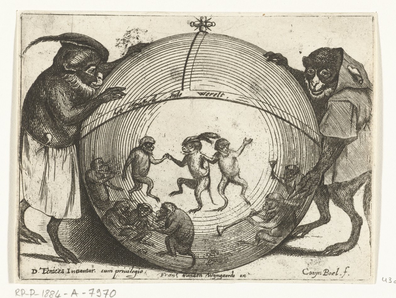 Dois macacos seguram um globo
Vários actos de vida humana representados por macacos (título da série)
O jogo do macaco no mundo (título da série sobre o objecto) de Quirin Boel
