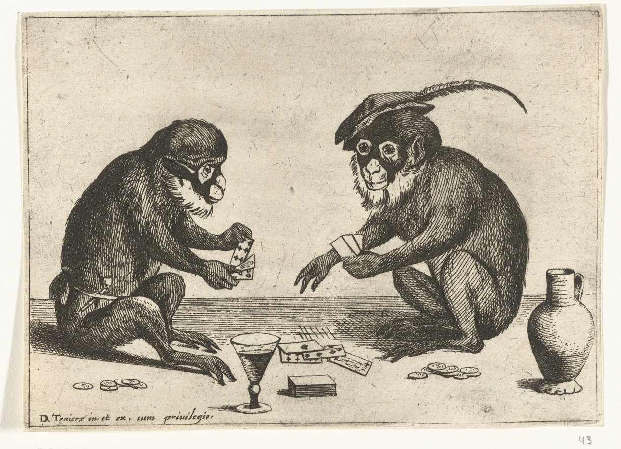 Dois cartões de macaco
Vários actos de vida humana representados por macacos (título da série)
O jogo do macaco no mundo (título da série) de Quirin Boel
