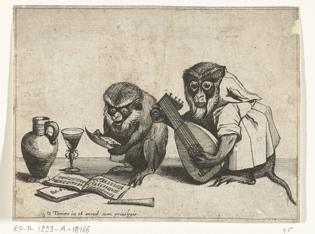 Dois macacos fazem música
Vários actos de vida humana representados por macacos (título da série) de Quirin Boel