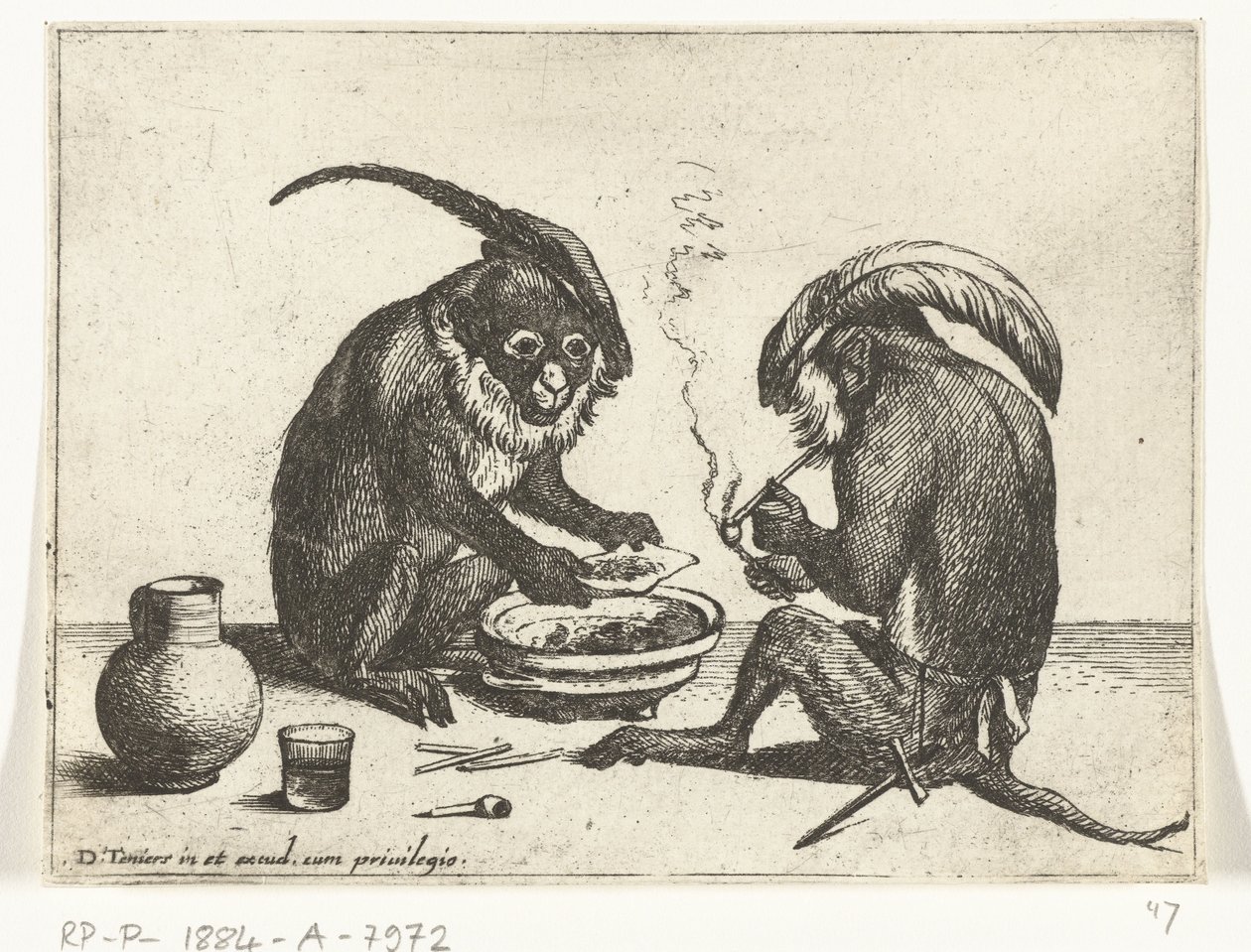 Dois macacos a fumar cachimbo
Vários actos de vida humana representados por macacos (título da série)
O jogo do macaco no mundo (título da série) de Quirin Boel