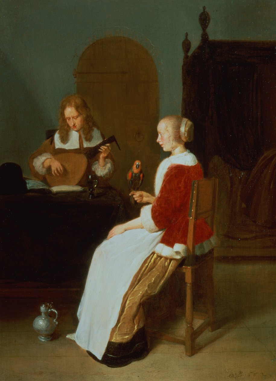 Um, interior, com, um, alaúde, jogador, e, um, mulher segura, um, papagaio de Quiringh Van Brekelenkam