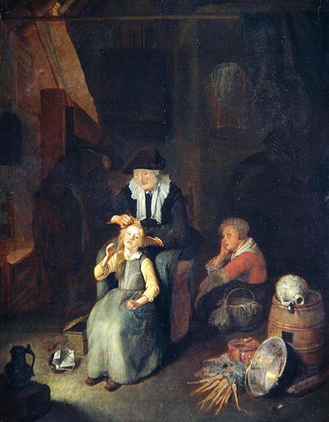 Interior de casa de campo com mulher a pentear o cabelo de uma rapariga de Quiringh Gerritsz. van Brekelenkam
