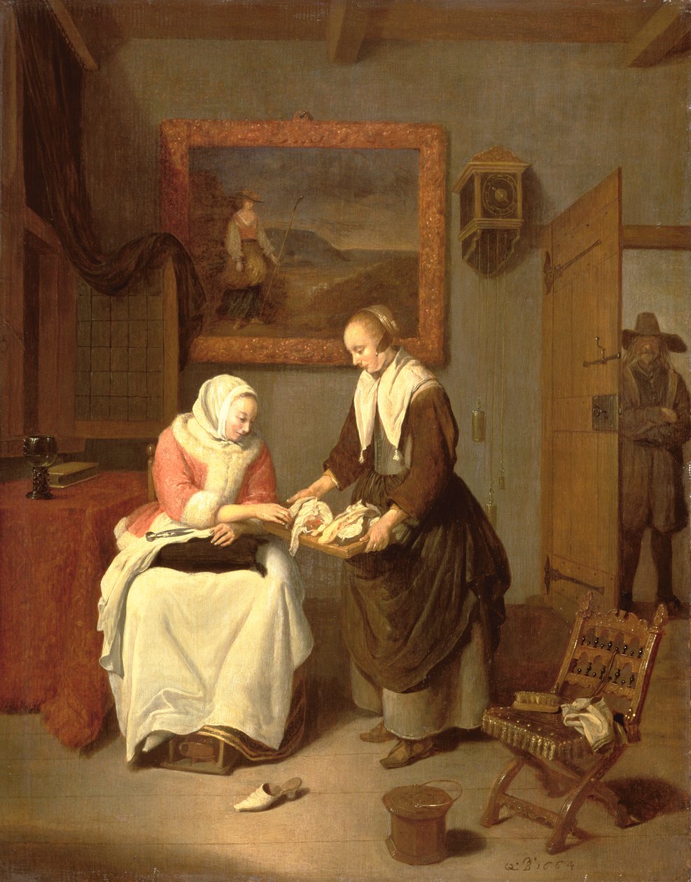 Interior com uma senhora a escolher peixes de Quiringh Gerritsz. van Brekelenkam