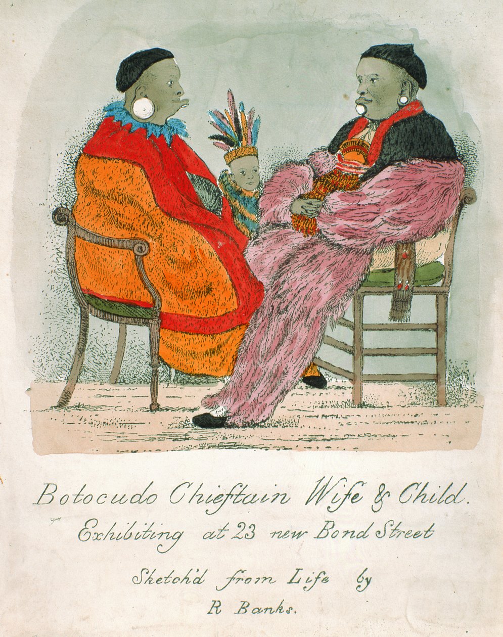 Botocudo Chieftain Esposa e Criança Expondo na 23 New Bond Street (litografia colorida) de R. Banks
