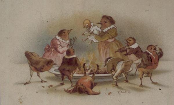 Família de pássaros, cartão de Natal vitoriano de R. Dudley