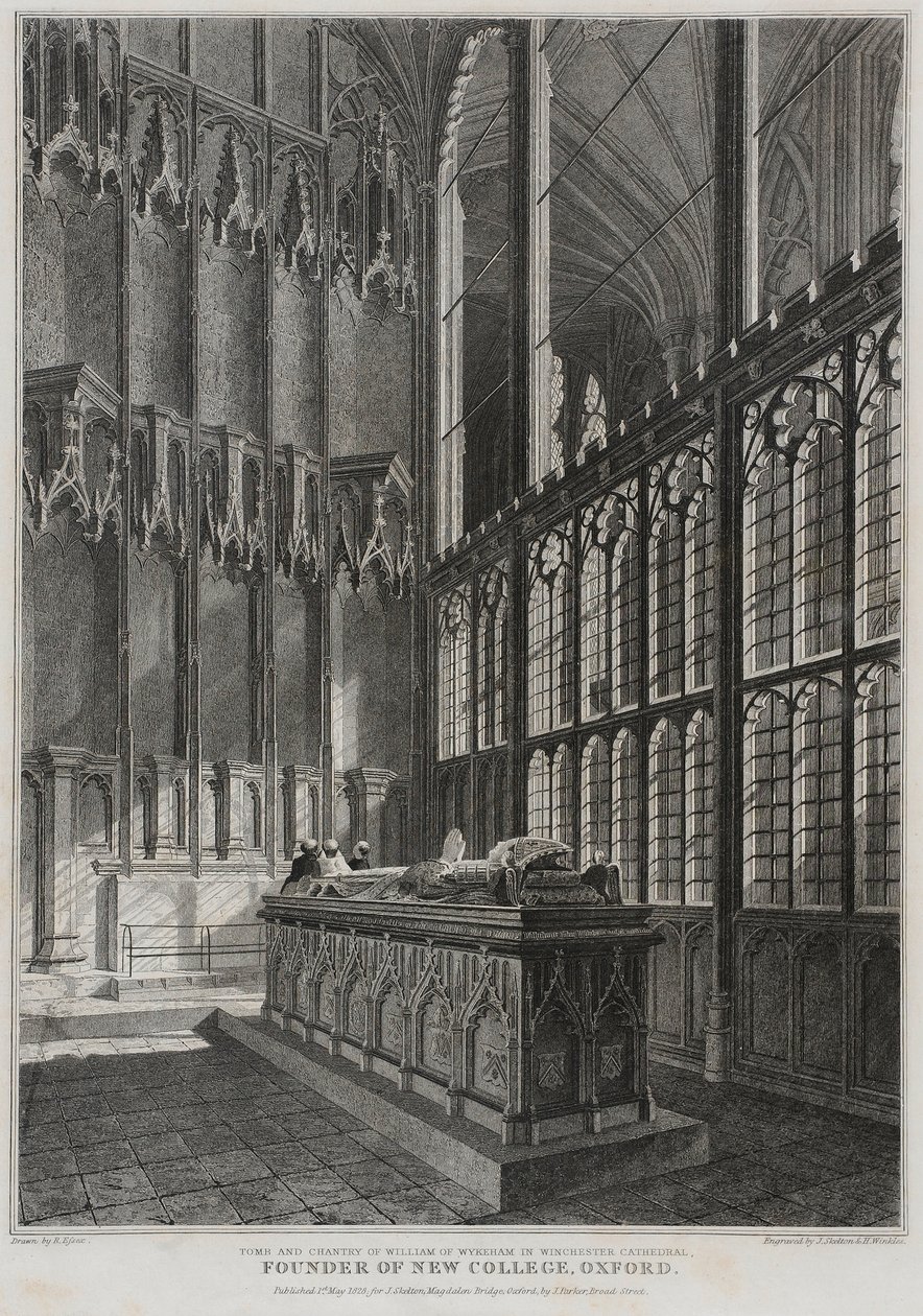 Túmulo e Chantry de William Wykeham na catedral de Winchester, gravada por J. Skelton e por H. Winkles, 1828 de R. Essex