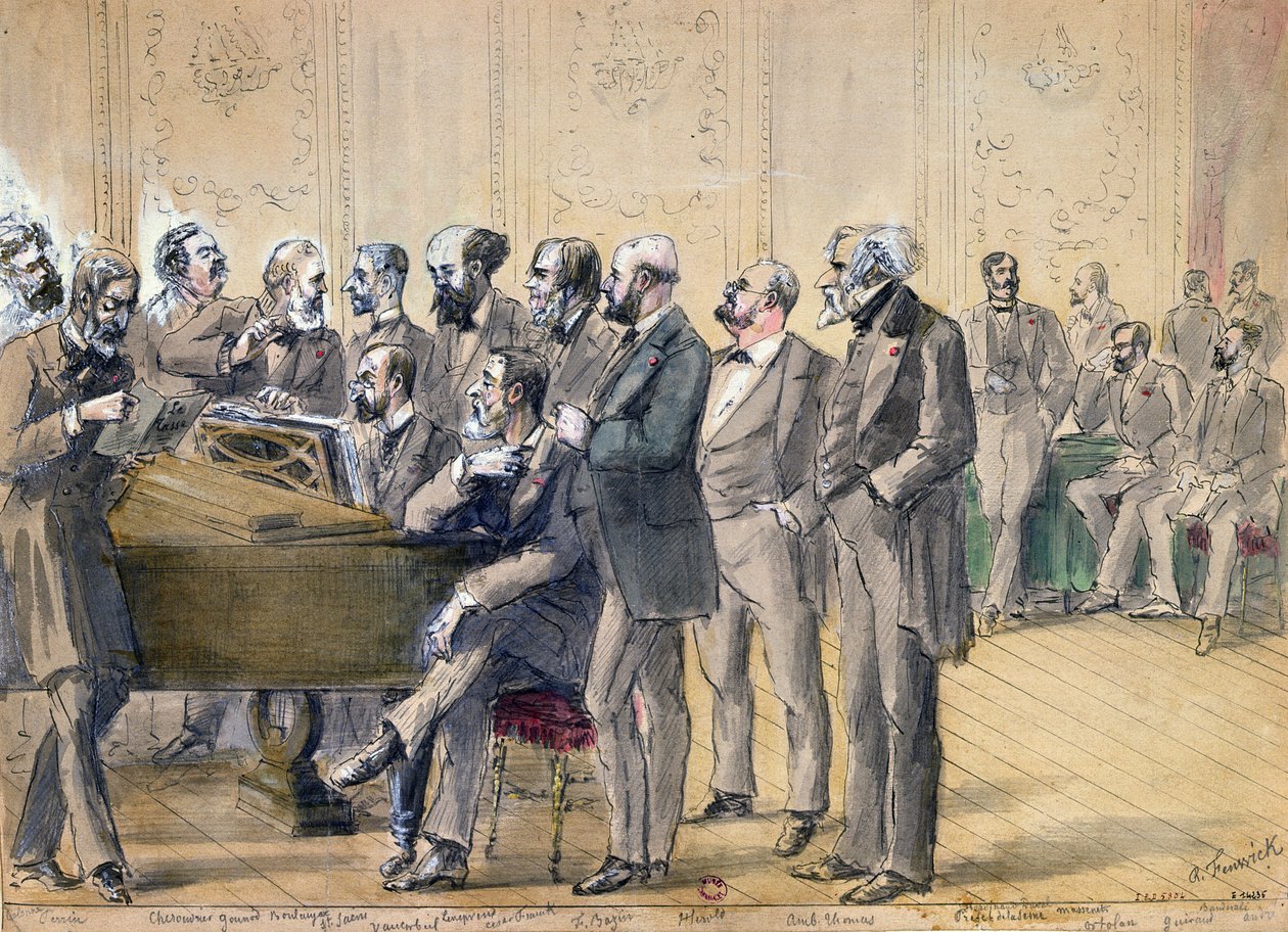 O júri do Conservatório de Paris, c. 1871 (caneta, tinta e papel) de R. Fenwick