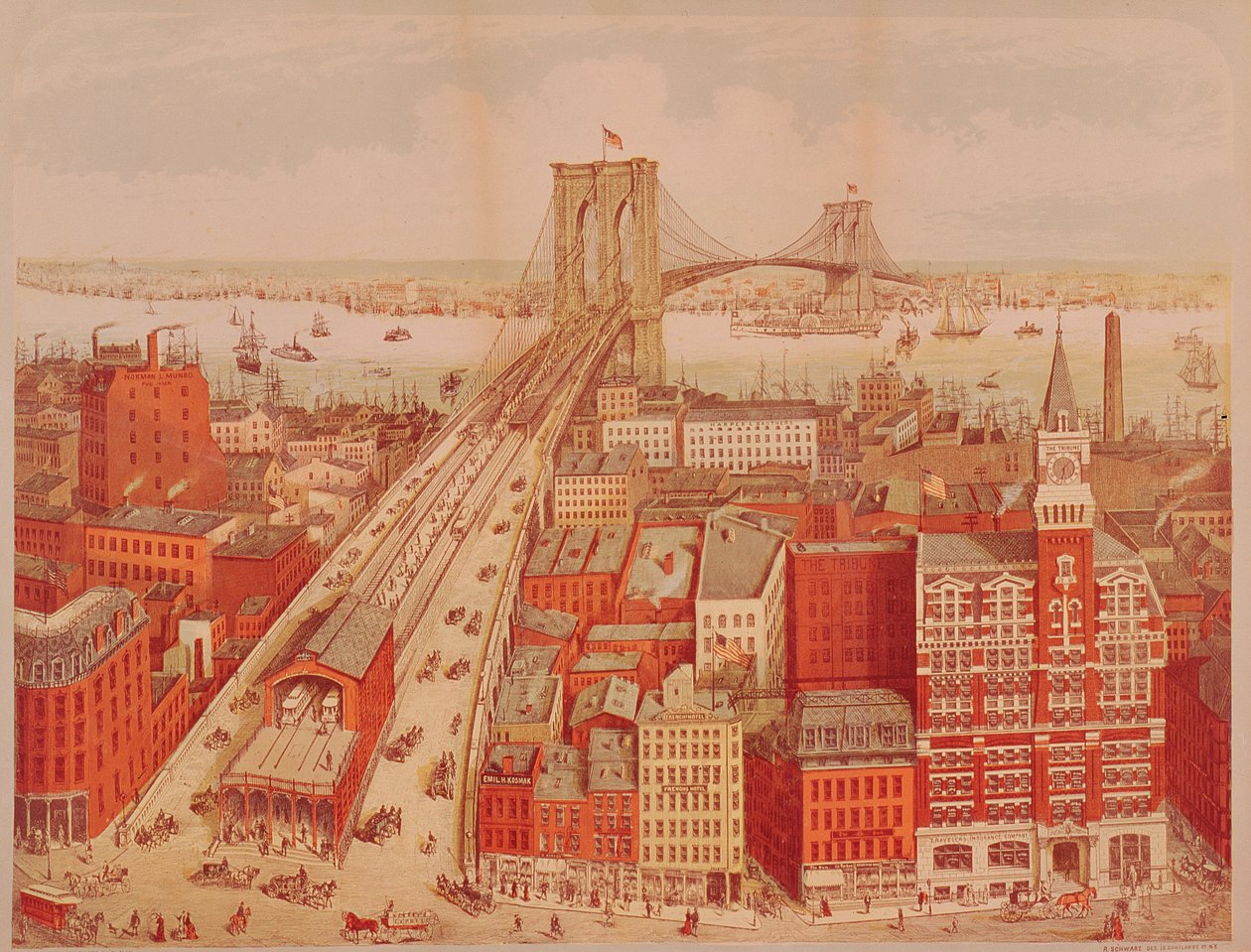 Ponte do Brooklyn, c.1883 de R. Schwarz