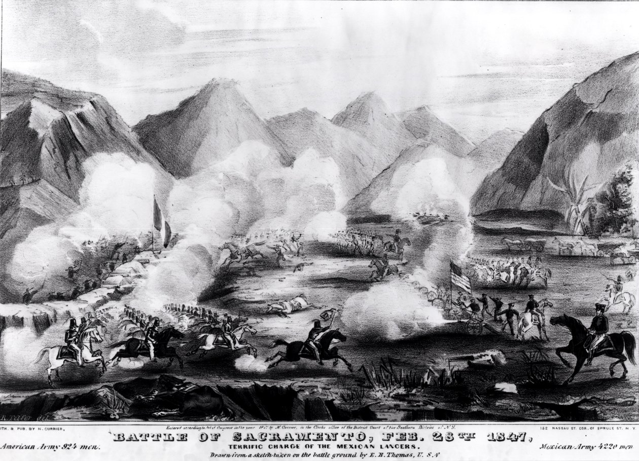 Batalha do Sacramento: Terrific Charge of the Mexican Lancers, 28 de fevereiro de 1847, gravada e publicada por Nathanial Currier (1813-88) 1847 de R. Telfer