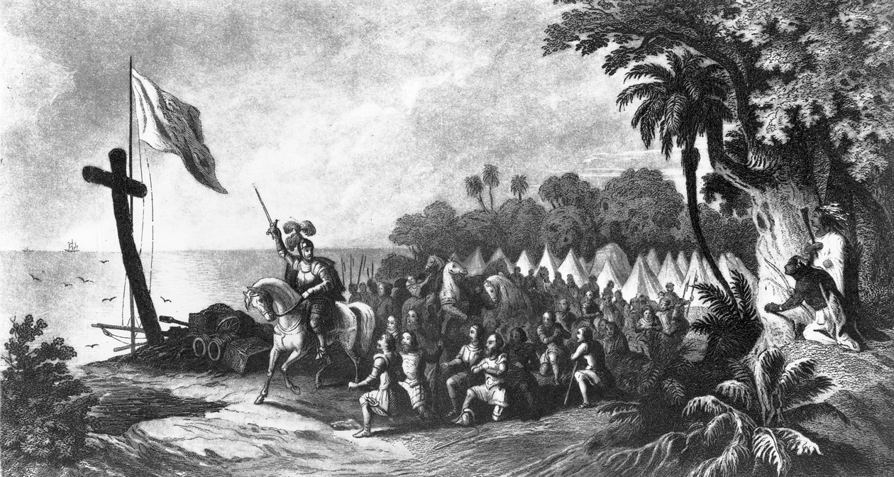 O desembarque em Tampa Bay: De Soto e seus seguidores jurando conquistar ou morrer, gravado por John Sartain (mezzotint) de R. Telfer