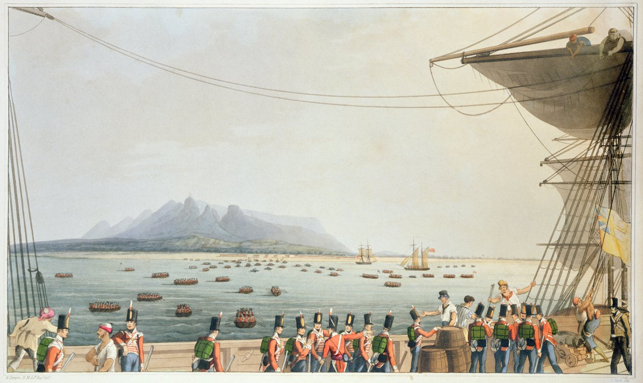 Vista do convés do transporte do castelo de Upton, do desembarque do exército britânico, 29 de novembro de 1810, de &39;dezesseis vistas de lugares no Gulph persa, tomadas nos anos 1809-10 ilustrativos do Pr de R. Temple