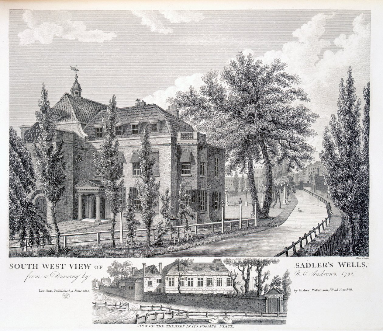 Vista sudoeste dos poços de Sadler e vista do teatro em seu estado anterior, gravado por William Wise (fl.1790-1818), bar. Robert Wilkinson, Londres, 1814 de R.C. Andrews