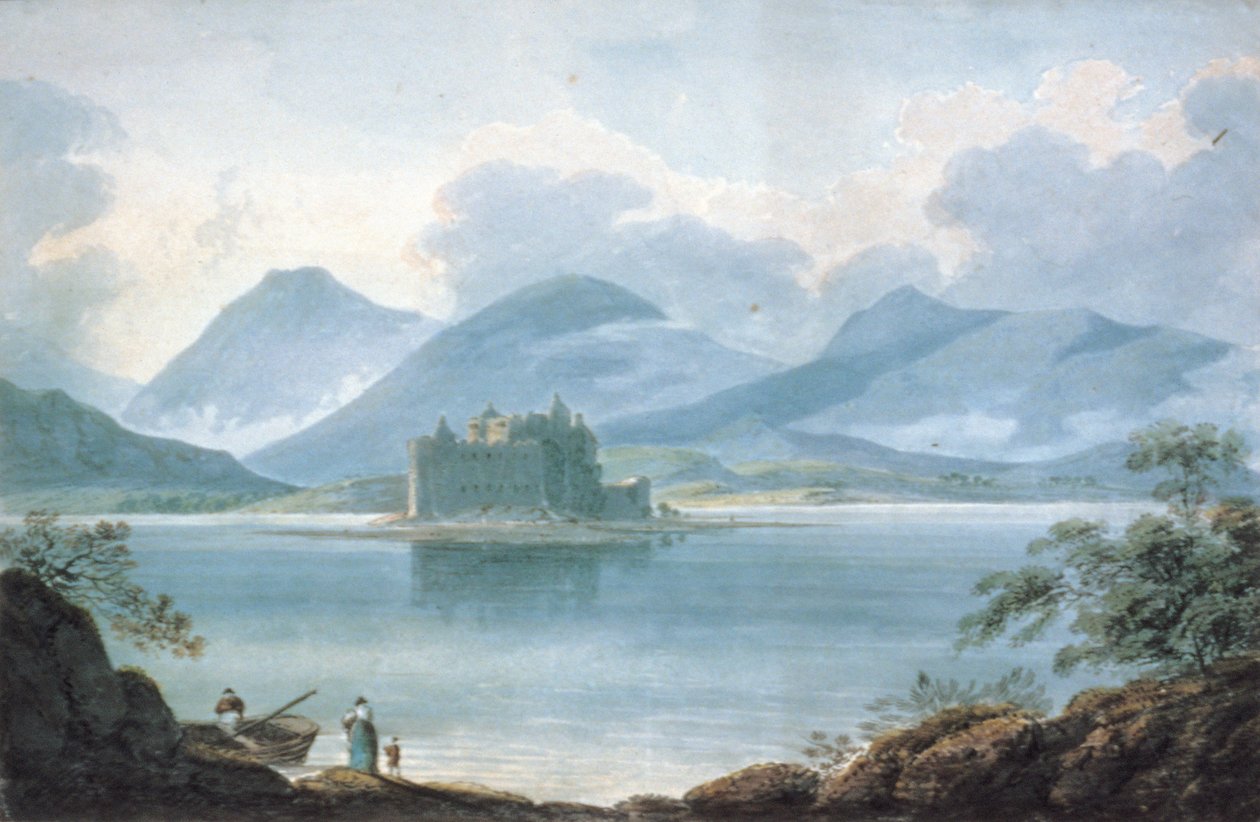 Ver através do Loch Awe, Argyllshire, para o Castelo de Kilchurn e as montanhas além de R.S. Barret