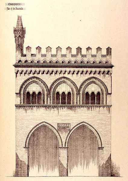 Palácio dos Jurisconsultos, Cremona, Itália, construído em 1292, de "Exemplos da Arquitectura Municipal, Comercial e de Rua de França e Itália do século XII ao XV". de R. Anderson