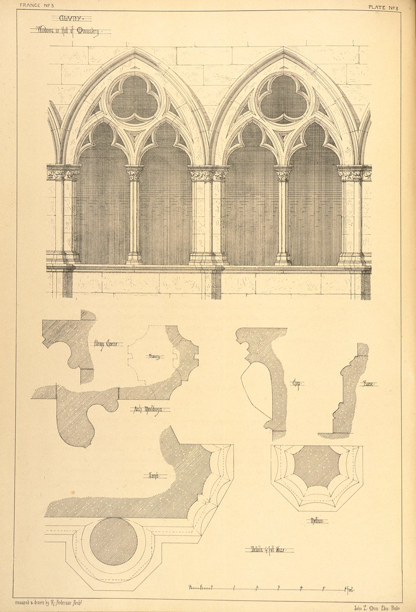 Janelas no saguão do mosteiro, Cluny, de "Exemplos da arquitetura municipal, comercial e de rua da França e da Itália do século XII ao século XV", 1841 de R. Anderson