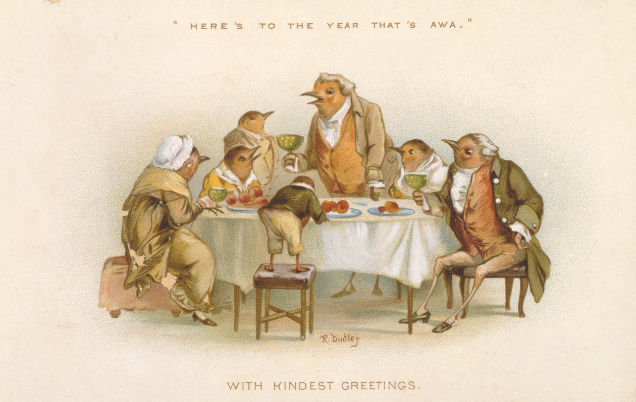 "Aqui está para o ano que está awa", cartão de Natal vitoriano de R. Dudley