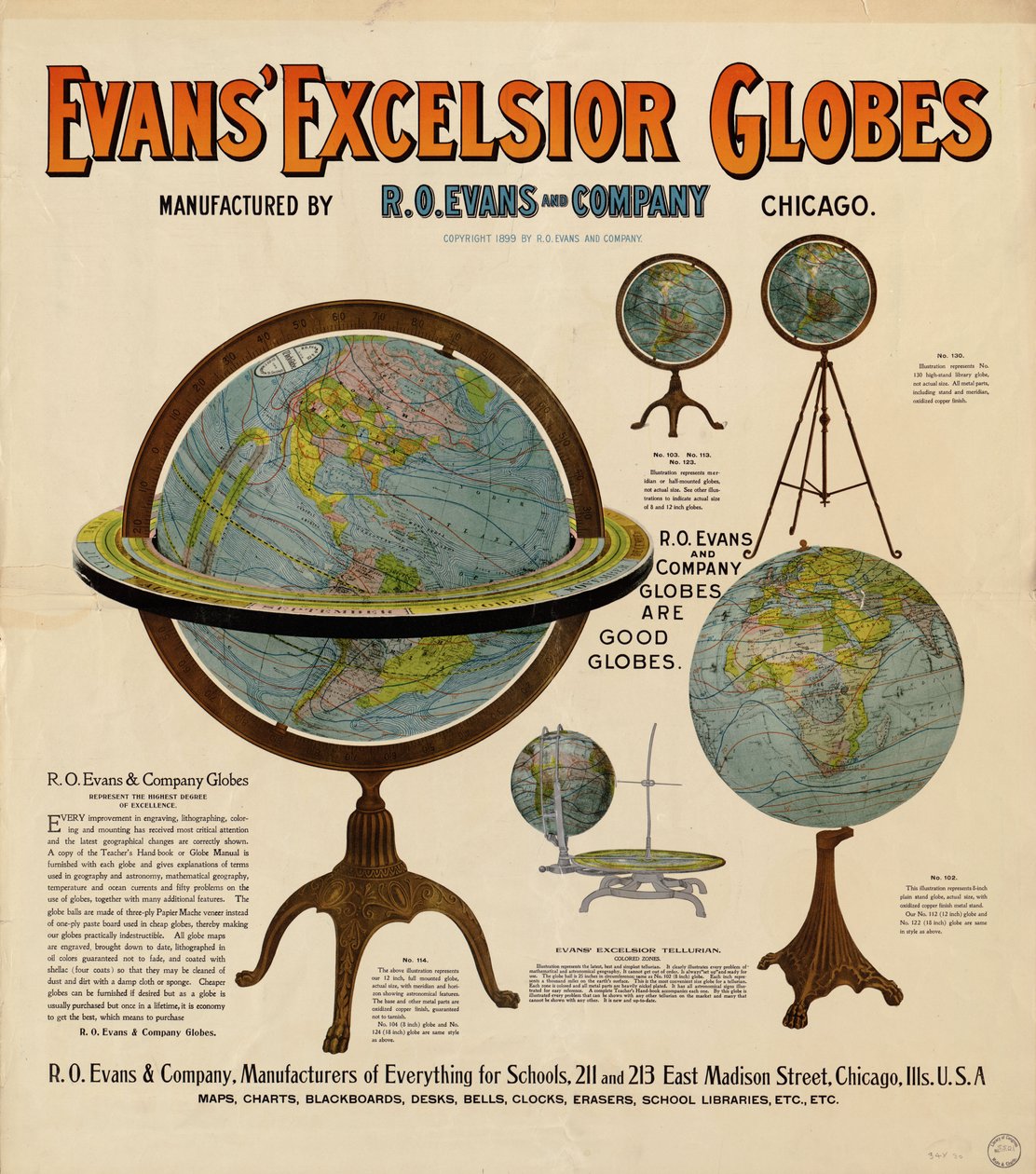Cartaz publicitário para os globos tem representações de 5 globos e algum texto descritivo de R. O. Evans And Company