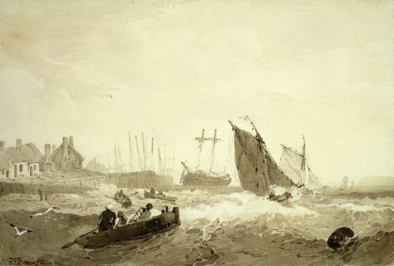 Expedição de St-Valery-Sur-Somme, c.1821 (lavagem marrom sobre grafite) de R. P. Bonnington
