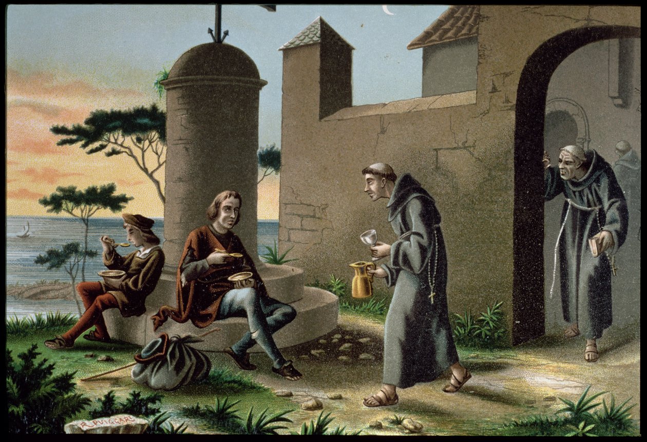 A Chegada de Cristóvão Colombo (1451-1506) com o seu Filho ao Mosteiro de la Rabida, de The Discovery of America, publicado em Barcelona em 1878 (cor litho) de R. Puiggari