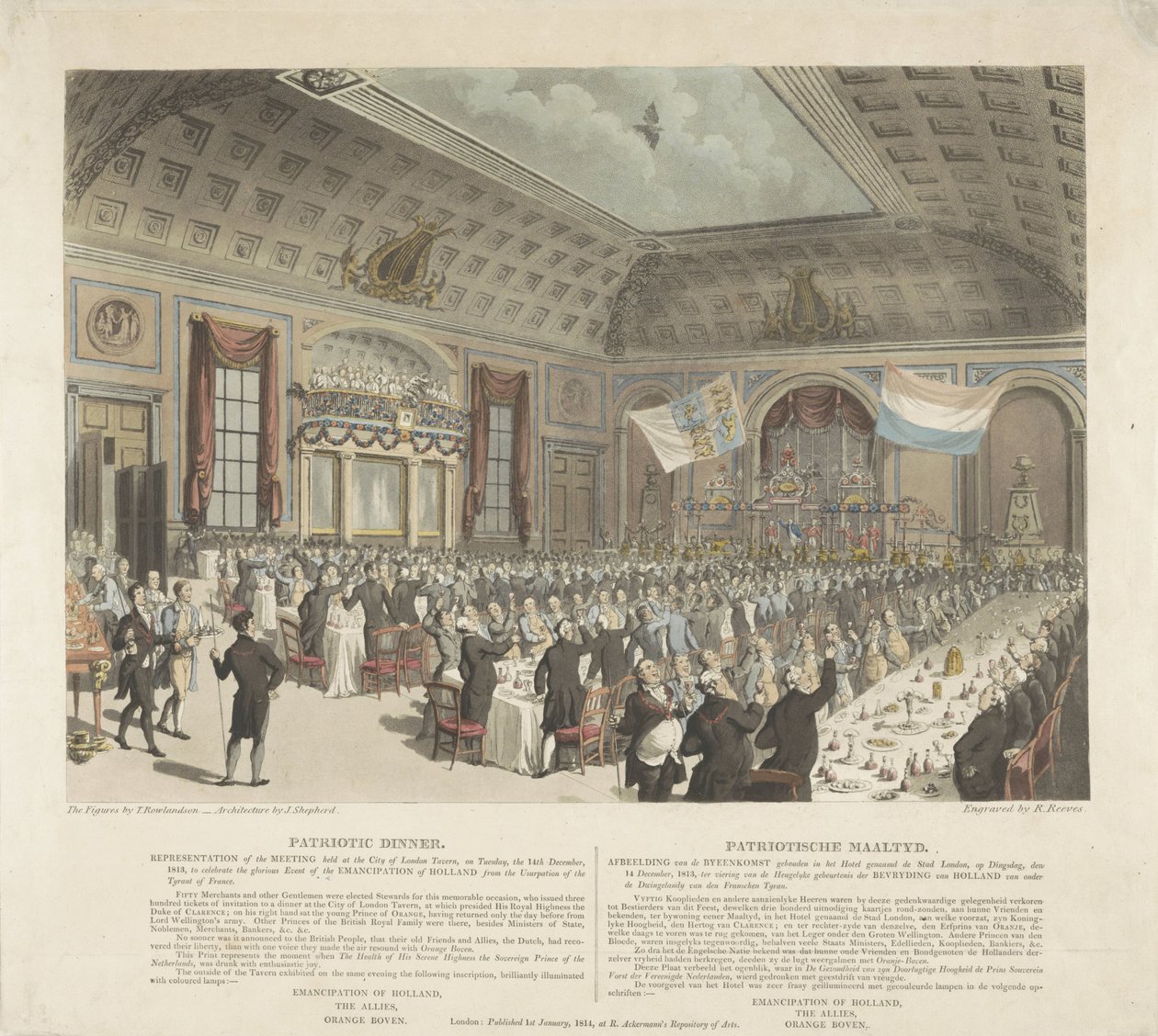 Refeição patriótica em Londres, 1813
Jantar Patriótico. Representação do Encontro realizado na City of London Tavern, na terça-feira, 14 de Dezembro de 1813 (...) / Patriotic Maaltyd. Representação do Encontro realizado no Hotel chamado Cidade de L de R. Reeves