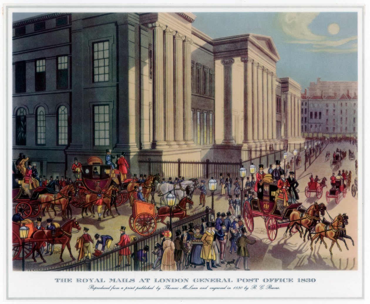 Os correios reais na estação de correios de Londres, 1830 de R. Reeves