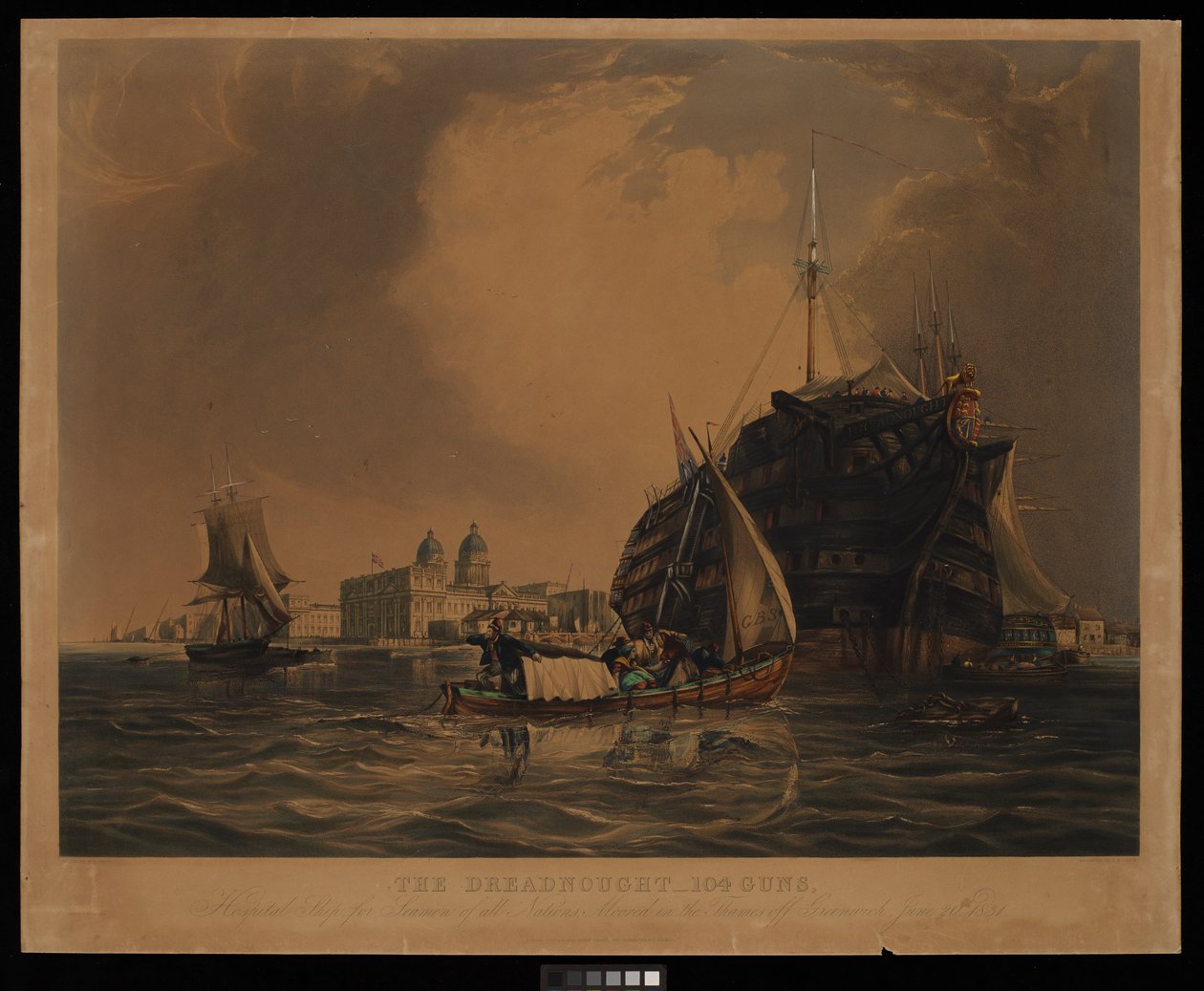O Dreadnought, 104 canhões, navio-hospital para marinheiros de todas as nações, atracado no Tamisa ao largo de Greenwich, 20 de junho de 1831 de R. W. Price