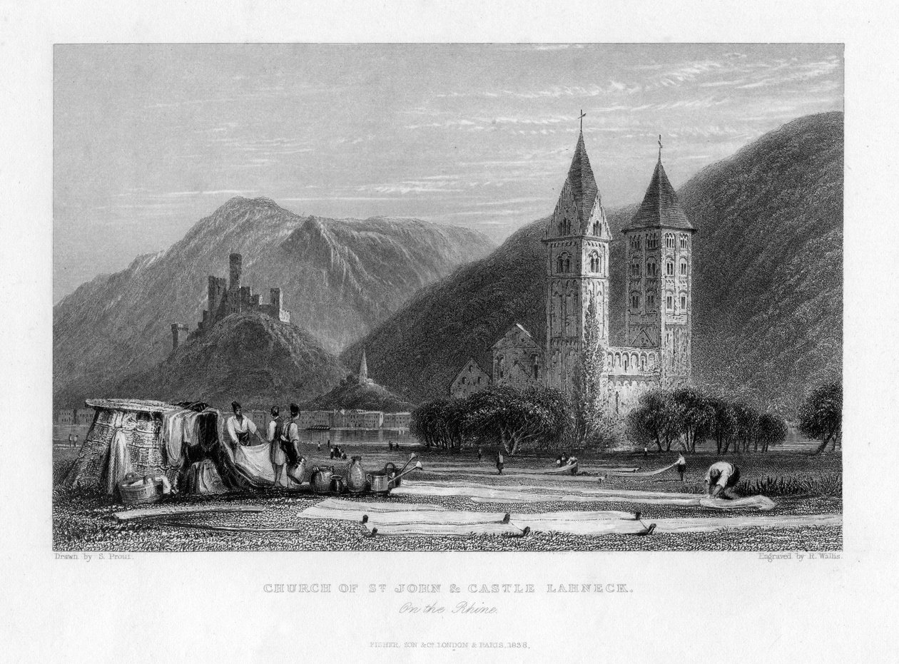 Igreja de São João e Castelo Lahneck, no Reno, 1838 de R. Wallis