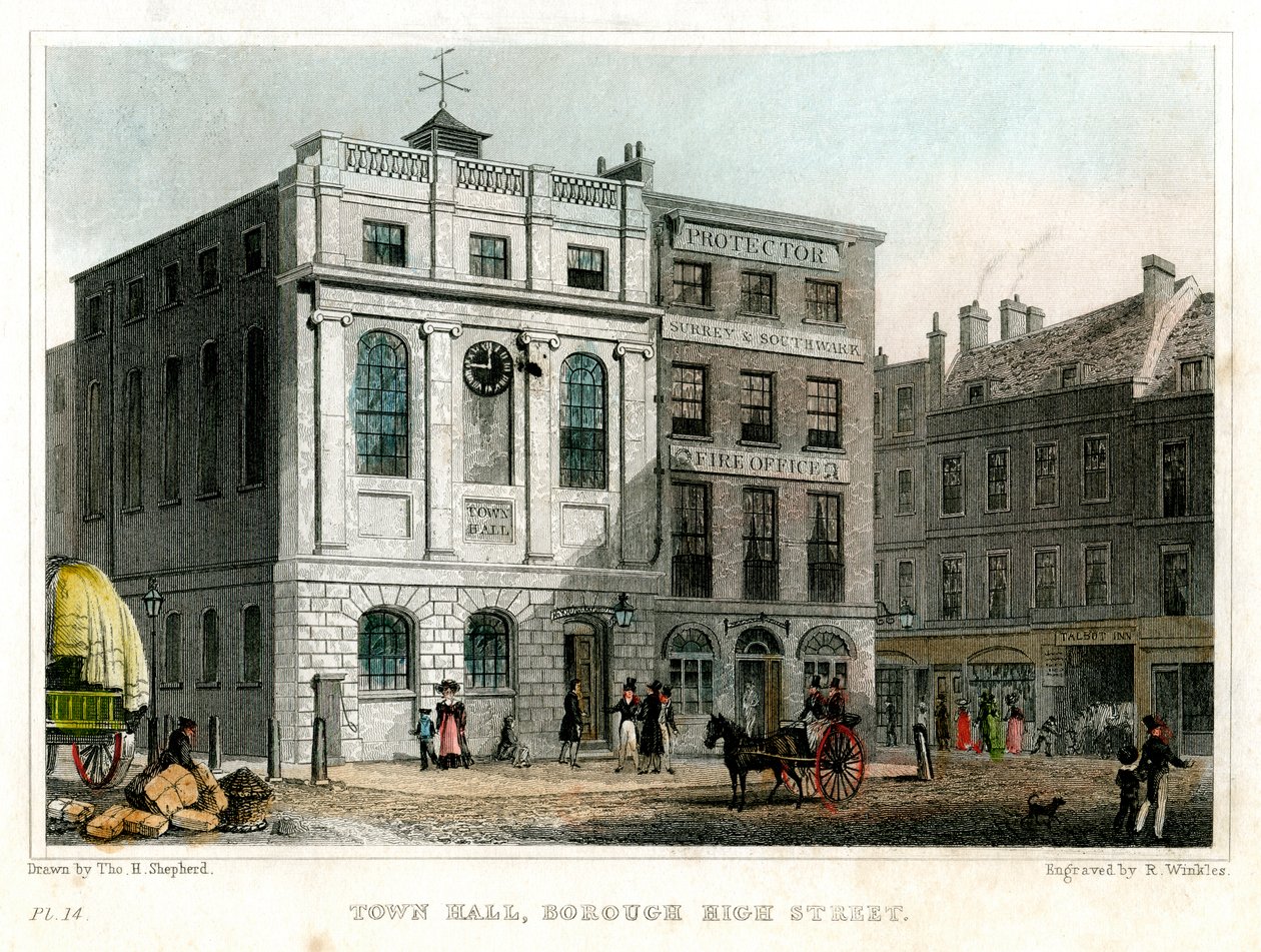 Câmara Municipal, High Street da cidade, Southwark, Londres, 1830. de R. Winkles