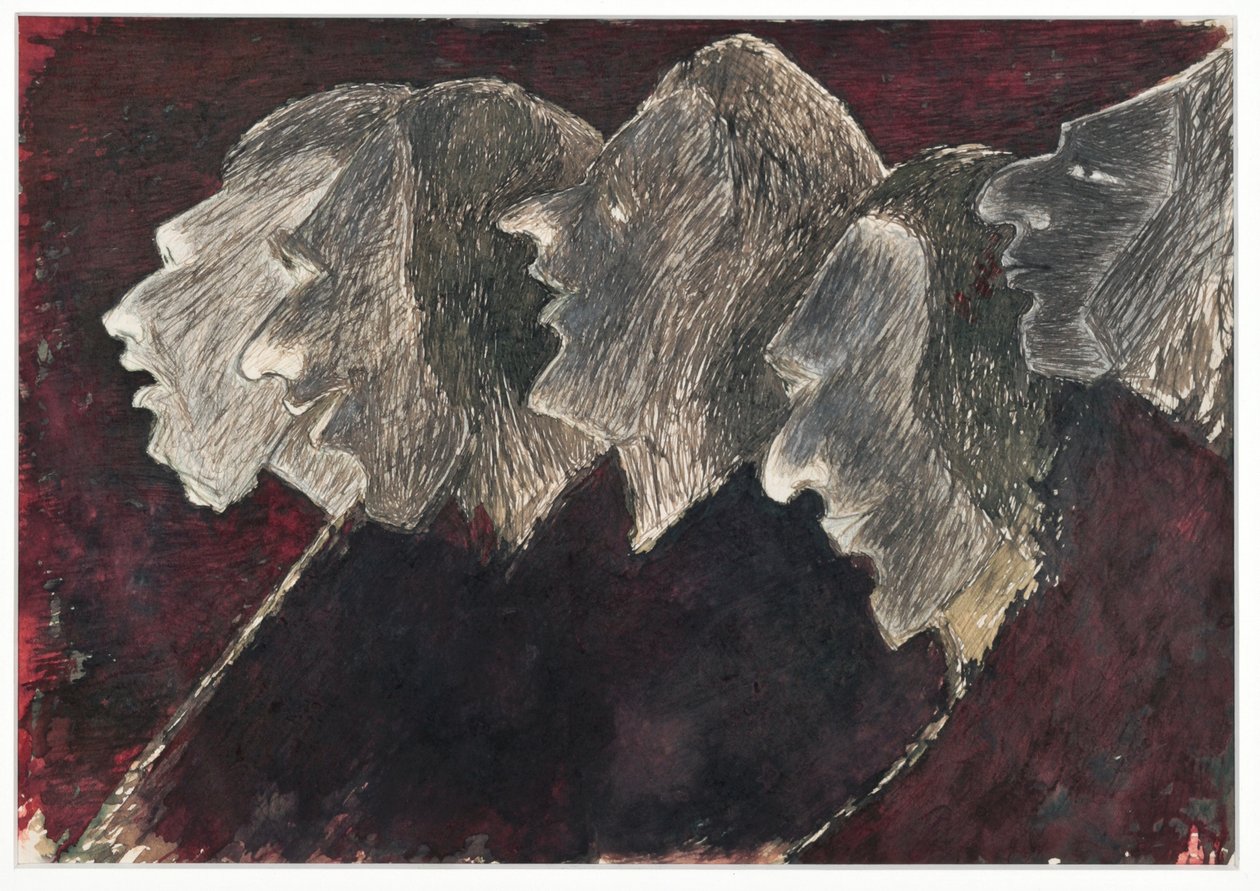Cinco perfis sobrepostos (tinta no papel) de Rabindranath Tagore