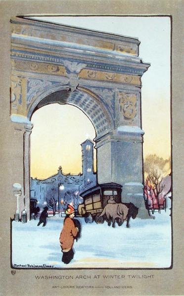 Washington Square Arch at Winter Twilight, cartão postal, c.1914 (cor litho) de Rachael Robinson (after) Elmer