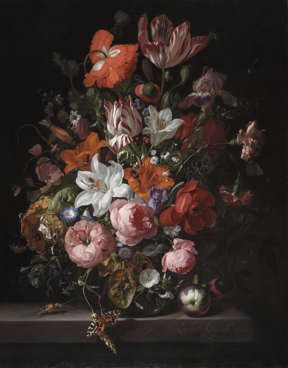 Flores em um vaso de vidro, 1704 de Rachel Ruysch