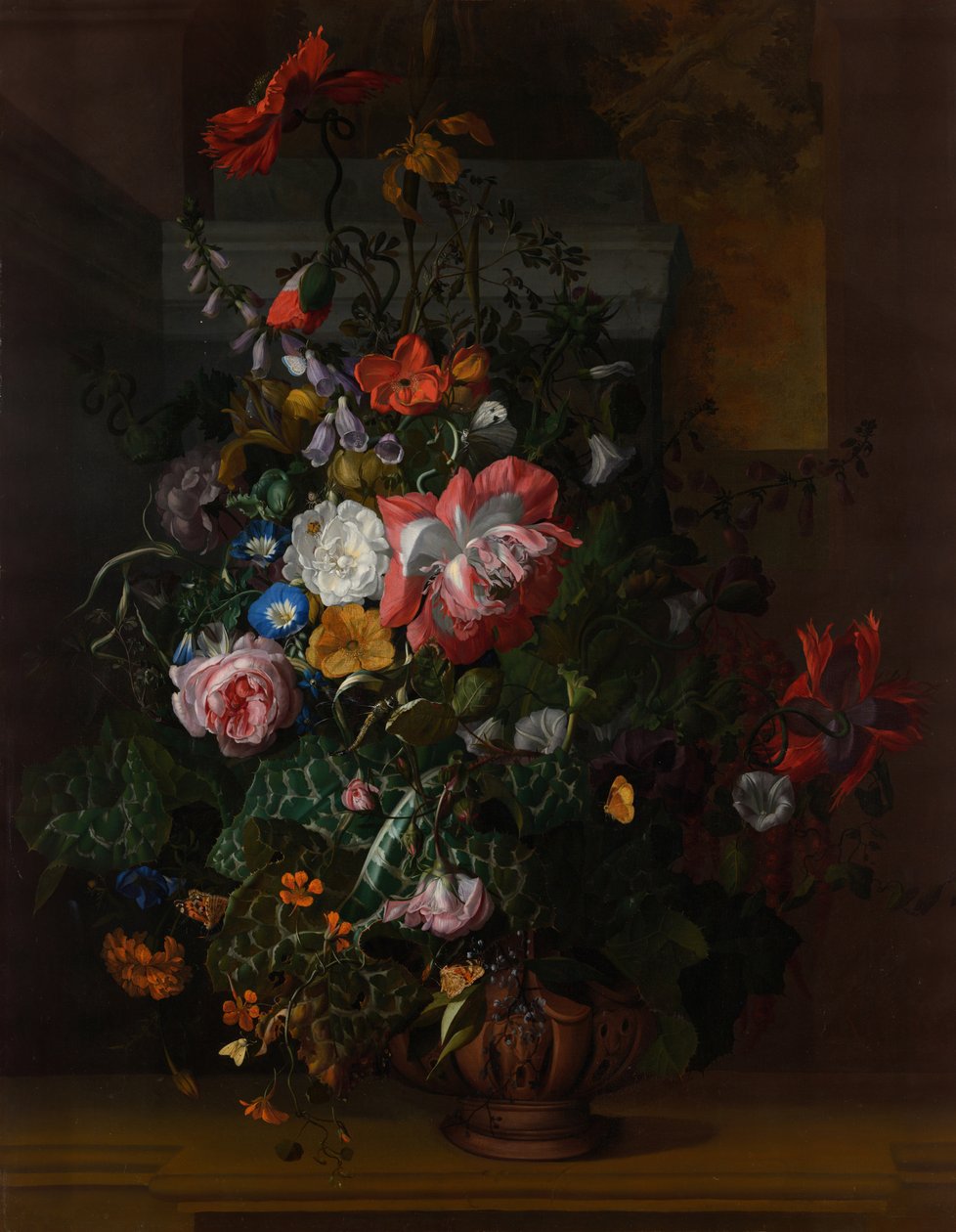 Rosas, convólvulos, papoulas e outras flores em uma urna em uma borda de pedra de Rachel Ruysch
