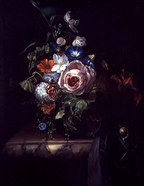 Rosas e outras flores em tigela de vidro (óleo sobre tela) de Rachel Ruysch