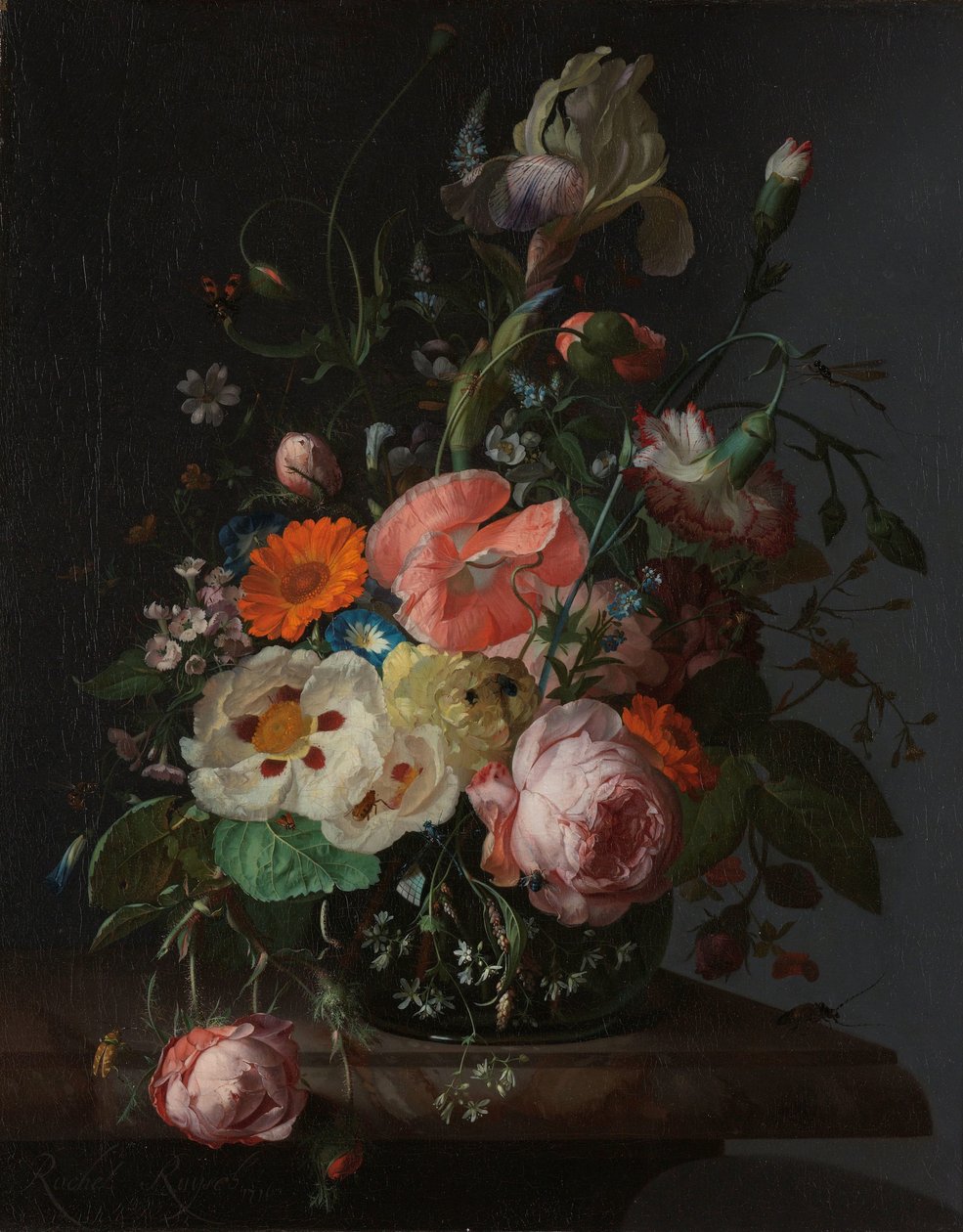 Natureza Morta com Flores em cima de uma mesa de mármore de Rachel Ruysch