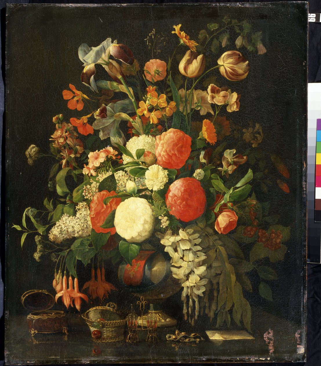 "Bouquet de flores" (Flores) Sobre a mesa estão estojos de jóias. Pintura de Rachel Ruysch (1664-1750) Museu de Arte Mikhail Kroshitsky, Sevastopol (Sebastopol) Ucrânia de Rachel Ruysh