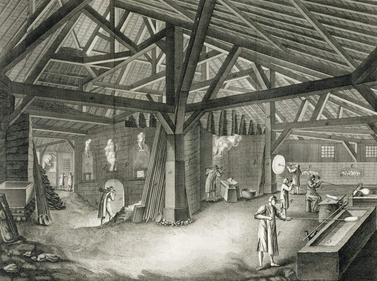 Fábrica de fabricação de vidro, da Enciclopédia de Denis Diderot (1713-1784), gravada por Robert Benard (n.1734), publicada em c.1770 (ver também 172391, 172392, 172394). de Radel